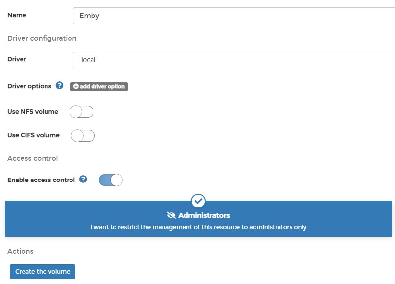 emby raspberry pi - creating a volume in portainer