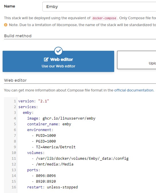 adding the emby stack to portainer