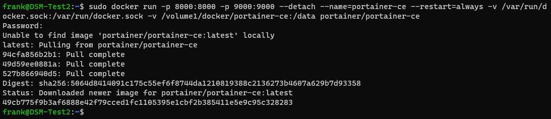 synology nas portainer - running the command to install the portainer container