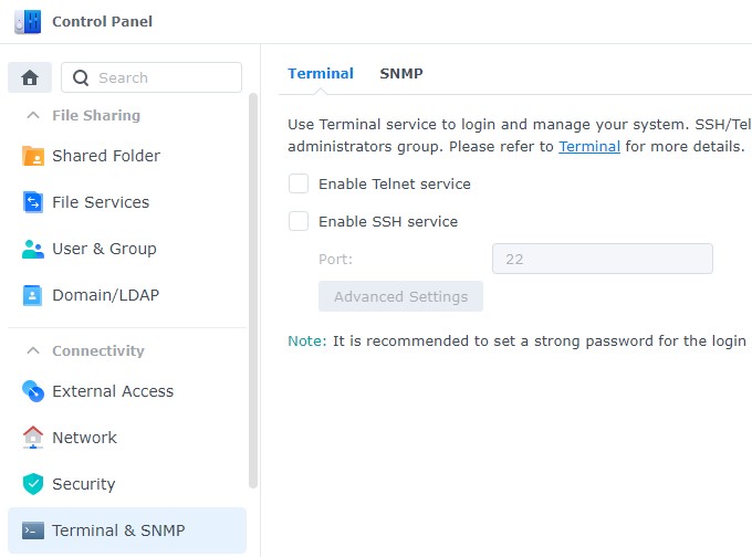 enabling or disabling SSH on a synology nas