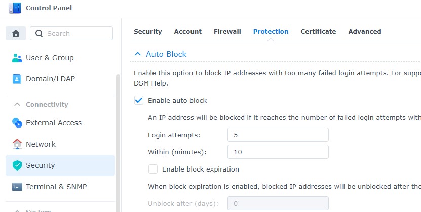 auto block settings in synology dsm