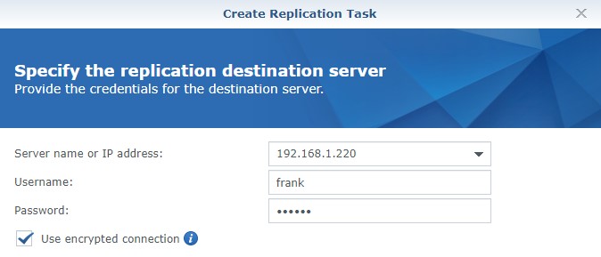 synology nas snapshot replication - connecting to the destination server