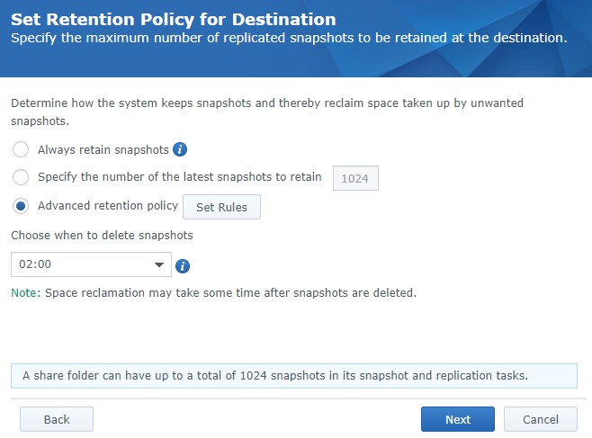 retention settings for the destination server