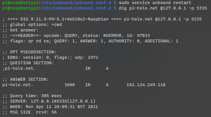 unbound pi-hole setup showing what happens when you dig the local address