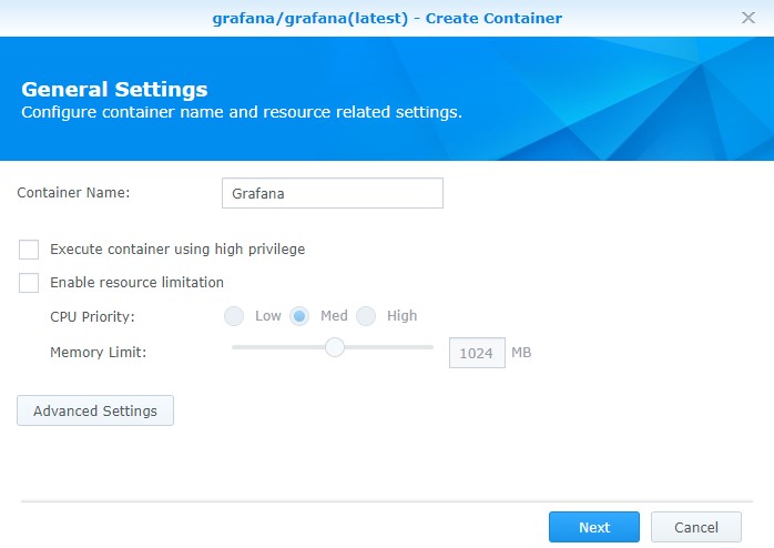 grafana synology nas container creation - name and advanced settings