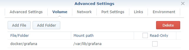 volume settings for the grafana container