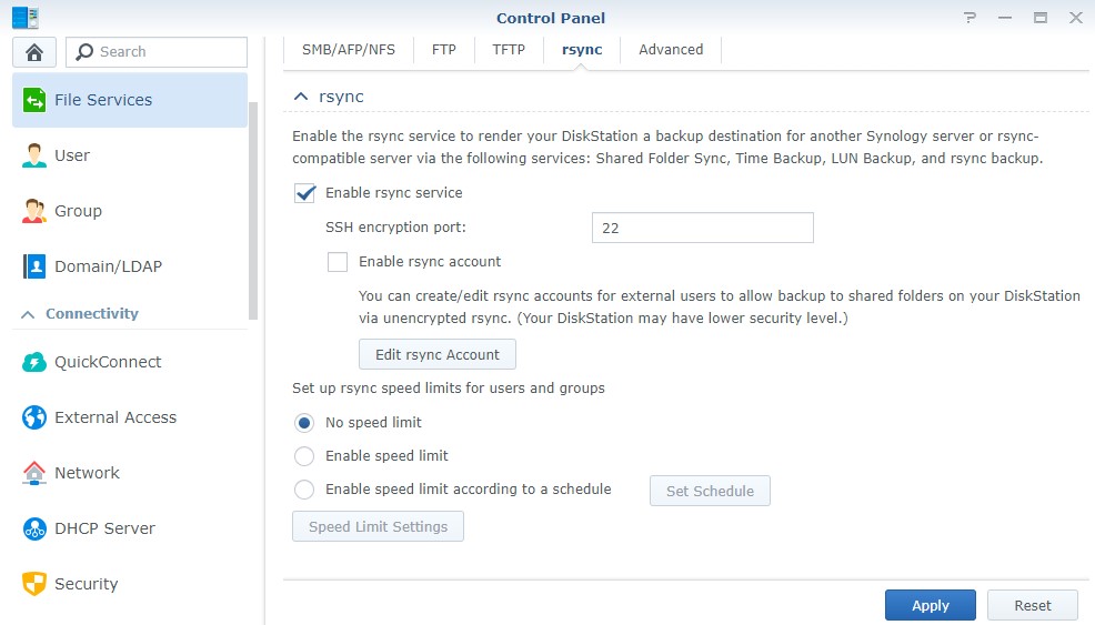 enable the rsync service on a synology nas