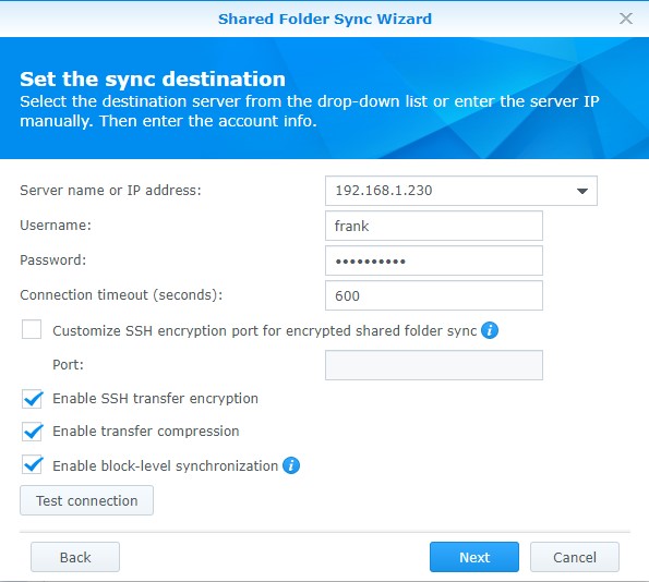 how the files should be synced to the destination along with the IP address and authentication settings