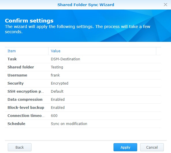 confirming settings of the shared folder sync