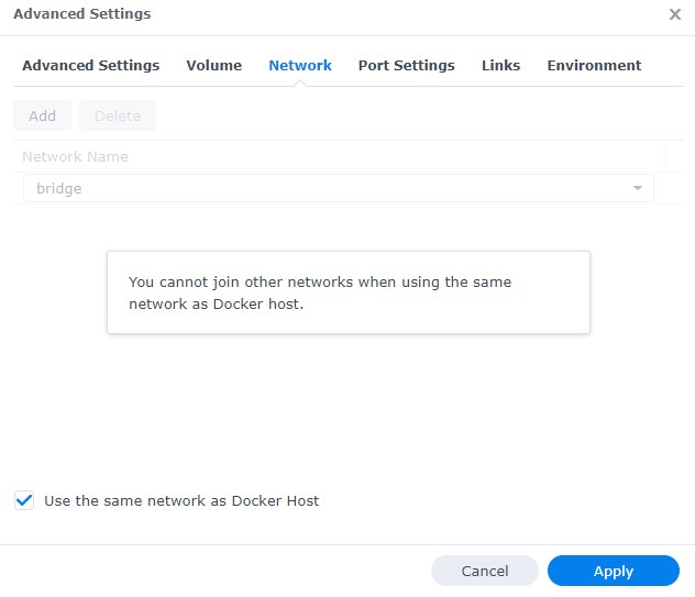 synology nas plex docker host network settings