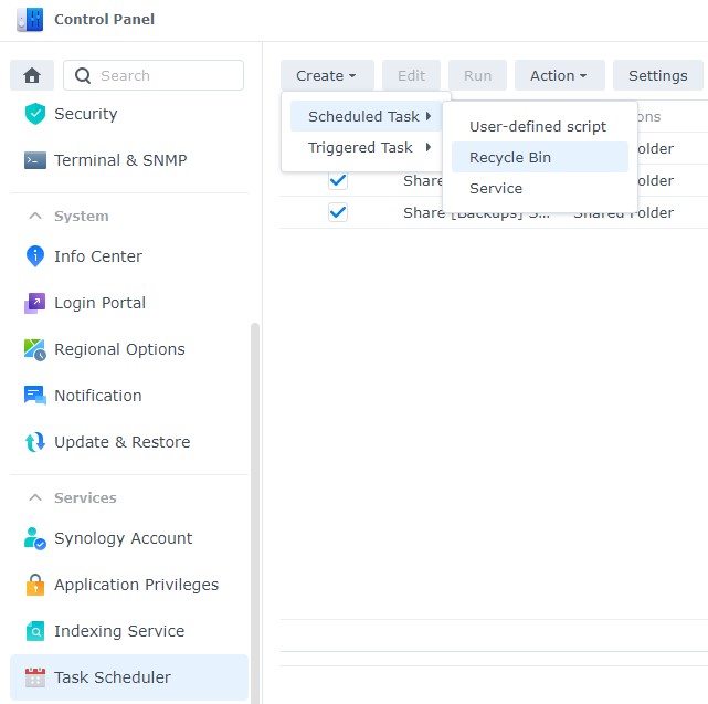 creating a task to automatically delete the recycle bin files