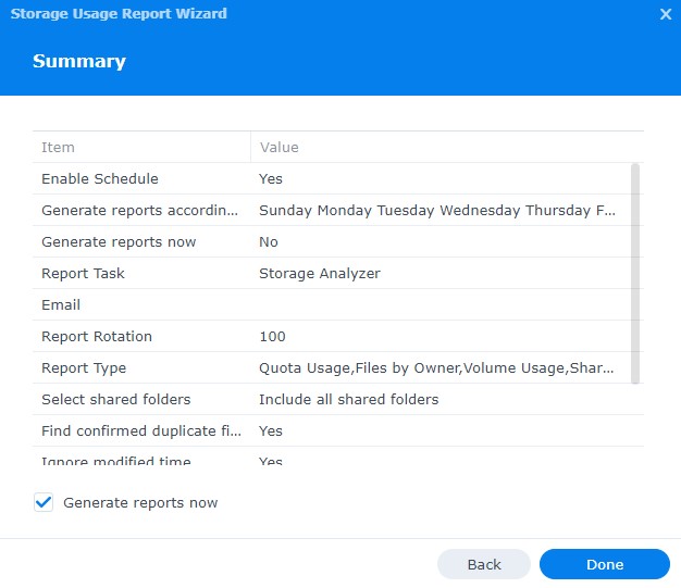 storage usage summary for report