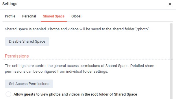 synology photos overview - shared space permissions