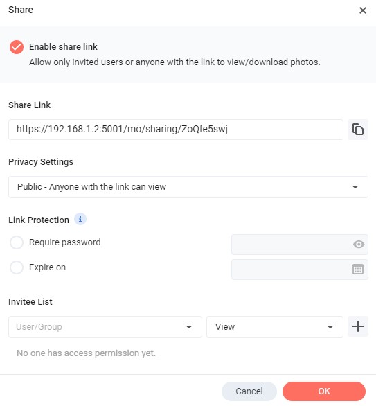 synology photos overview - shared link settings