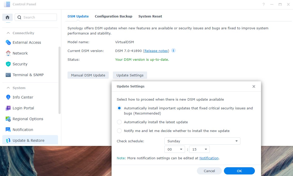 dsm update settings