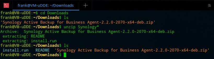 unzipping the synology active backup file