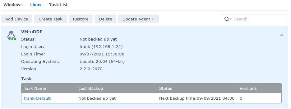 active backup for business linux connection in synology dsm