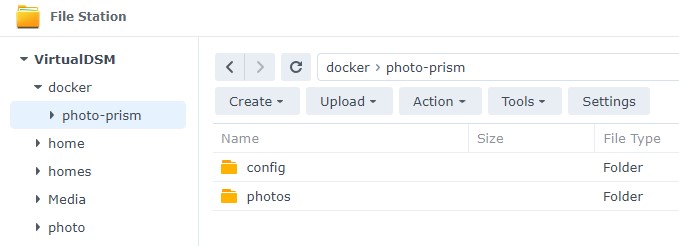 photo prism folder creation in synology dsm