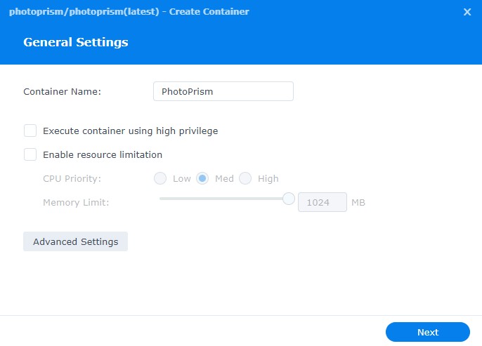 how to setup photoprism on a synology nas - creating the container