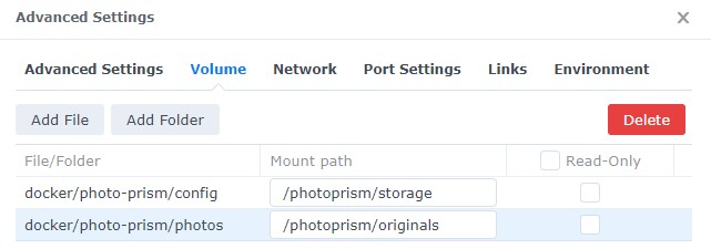 mounting volume locations for the container