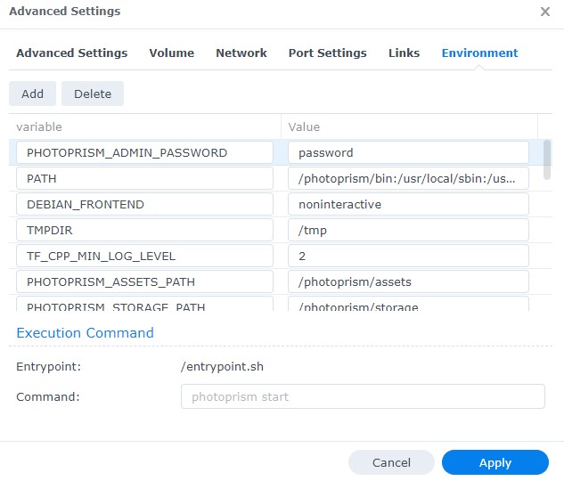 adding environment variables for the container