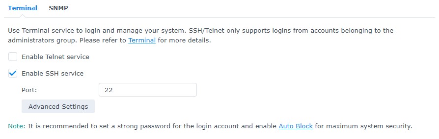 enabling ssh in synology dsm