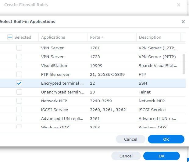 creating a firewall rule for port 22 in synology dsm