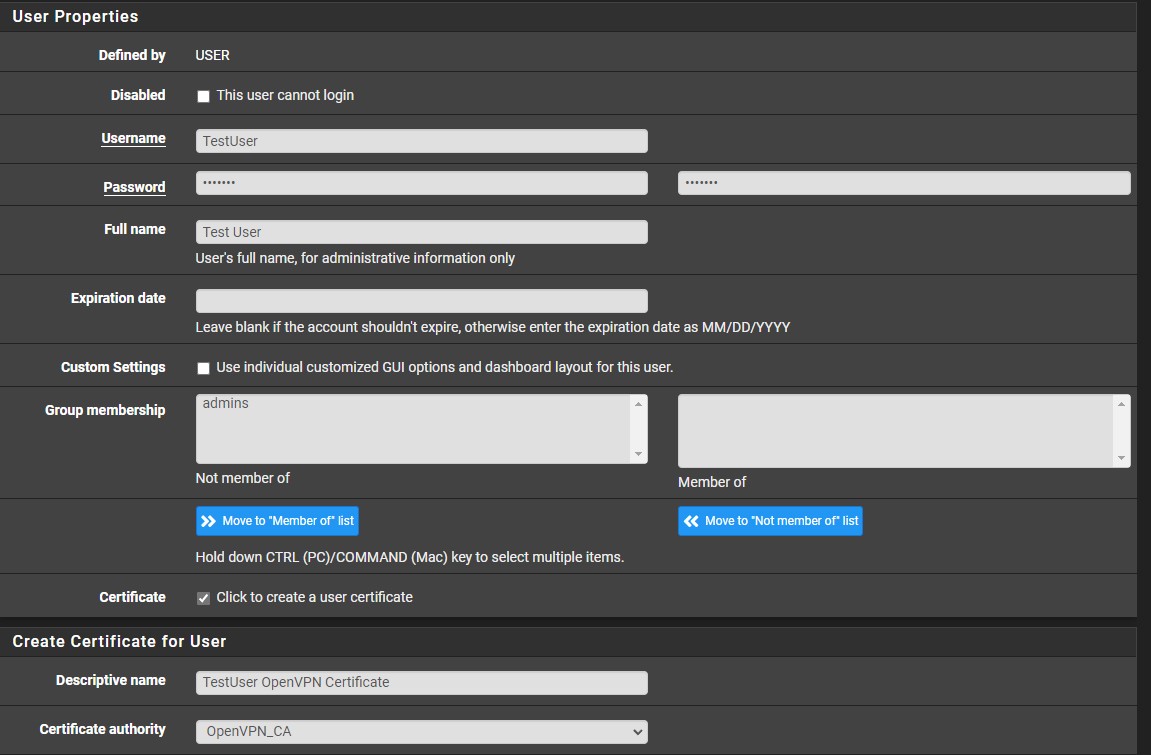 configuring a user account for openvpn