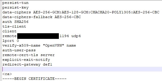 openvpn configuration file that's exported