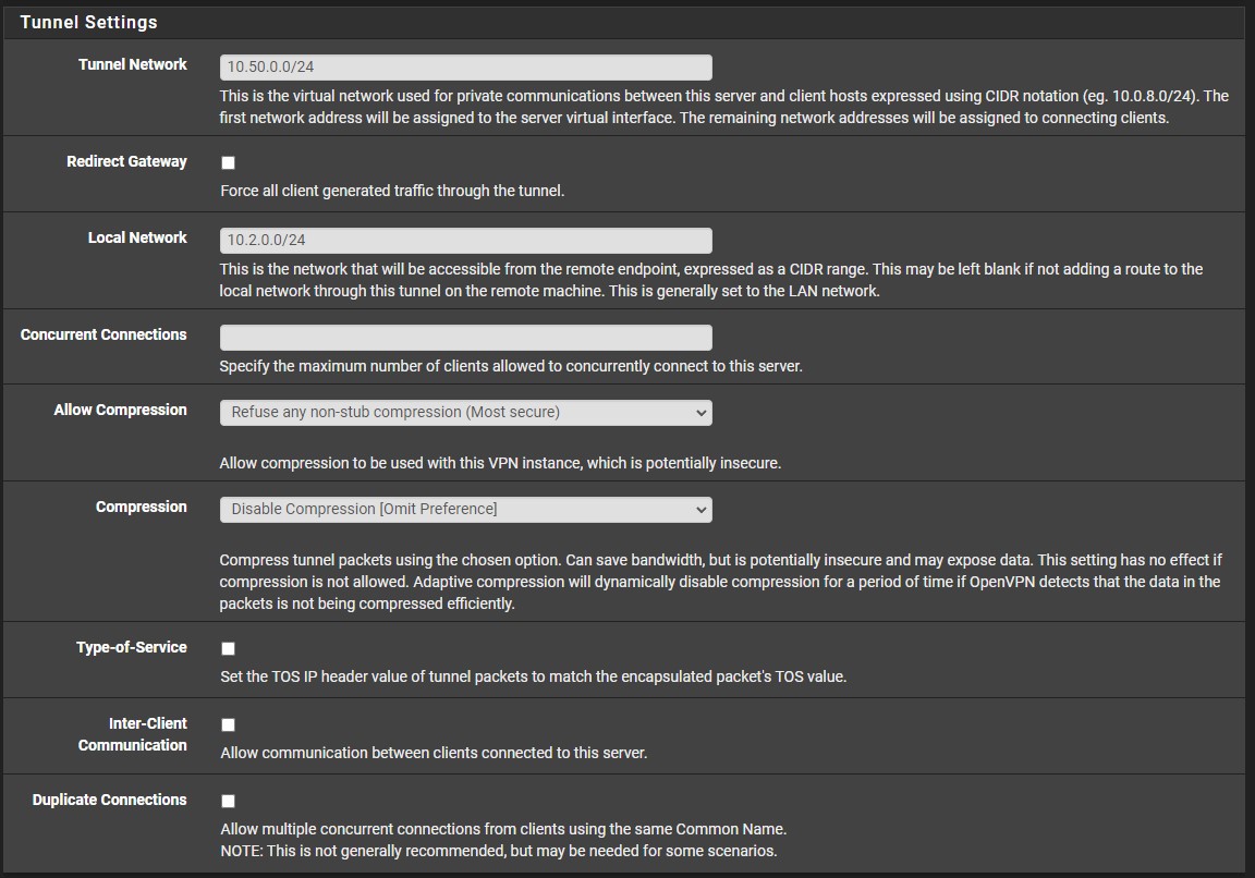 modifying the tunnel settings for openvpn