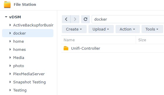 creating the folder location in dsm for the unifi controller