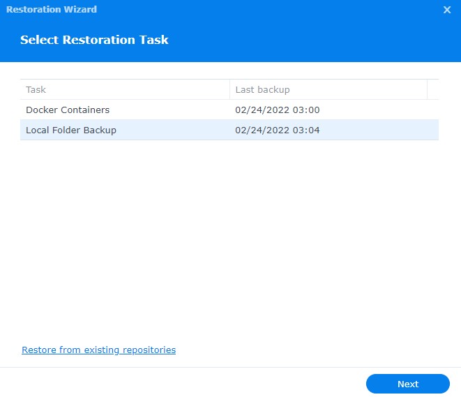 selecting the restore task in hyper backup