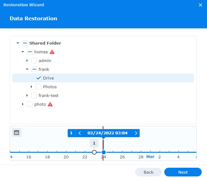 the data that should be restored in hyper backup