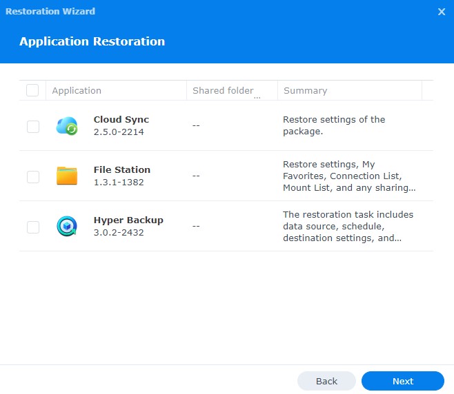 which applications can be restored in hyper backup