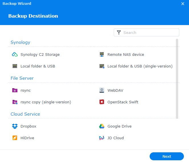 backup destinations in hyper backup