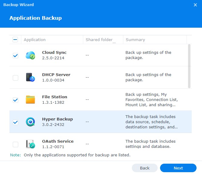 applications that can be backed up in hyper backup