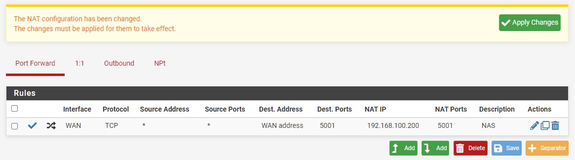 applying the configuration of a port forwarding rule