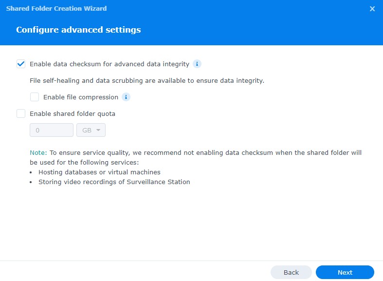 synology data scrubbing - creating a new shared folder and ensuring the data checksum is enabled
