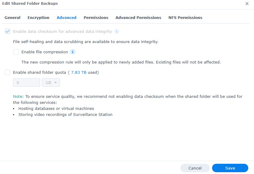 ensuring that enable data checksum is enabled for all shared folders that require data scrubbing