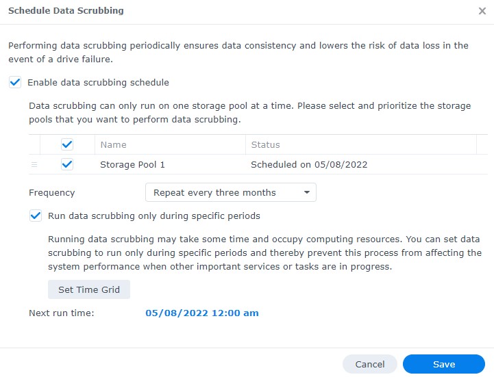 storage pool frequency of data scrubbing task