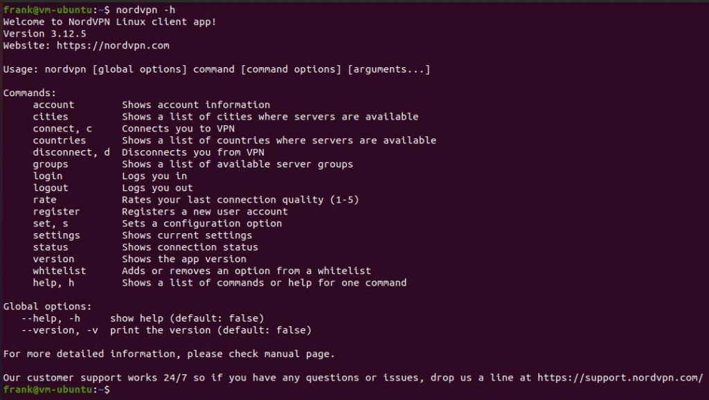 How to Set Up NordVPN on Ubuntu 8 viewing the nordvpn help menu