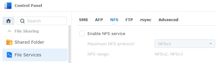 enabling nfs in synology dsm