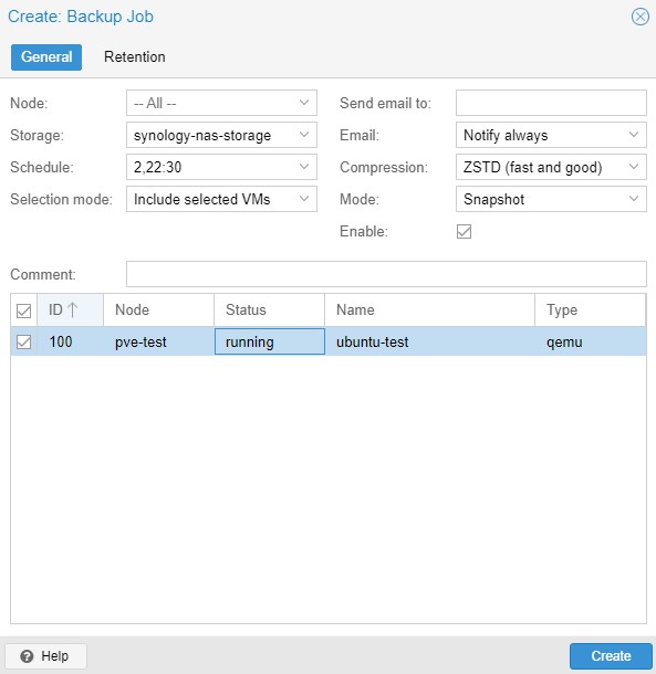 selecting the storage and when backups should occur in proxmox