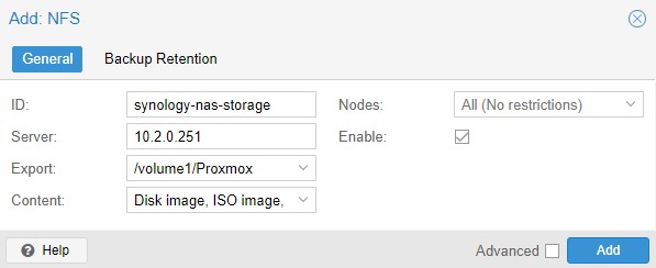 specifying an id, server IP address, then selecting an nfs share in proxmox