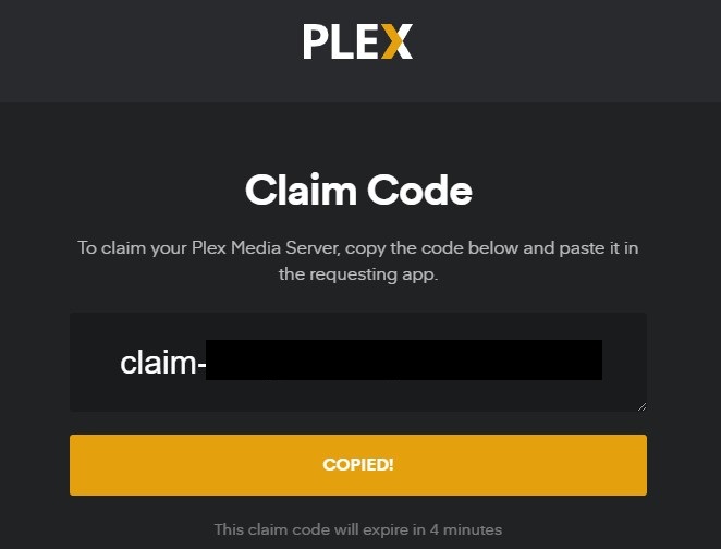 copying the claim code from the plex website