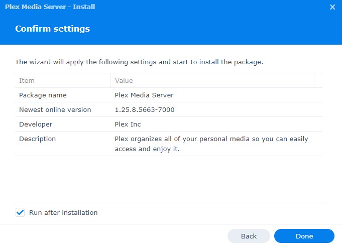 confirming settings for plex on dsm