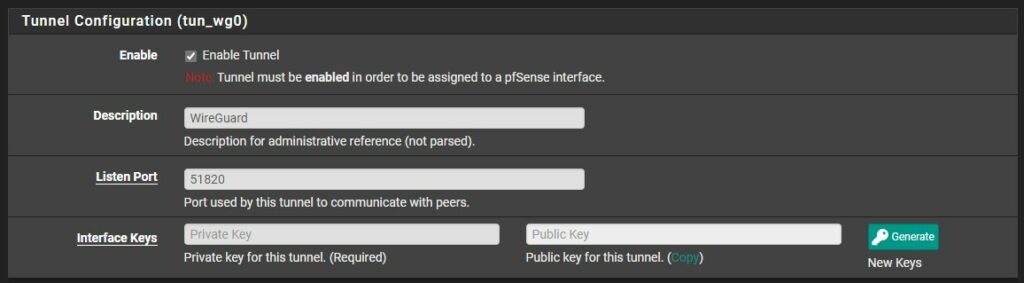 creating the wireguard tunnel and listening port, as well as the public key