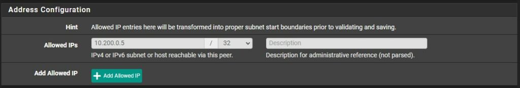 setting the allowedIPs IP address in pfsense