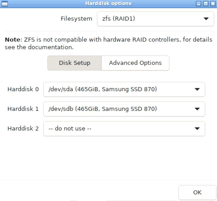 setting up raid z1 with two hard drives.