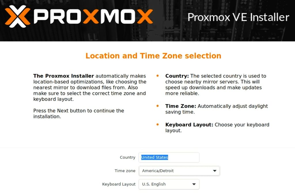 setting a country and time zone in proxmox.